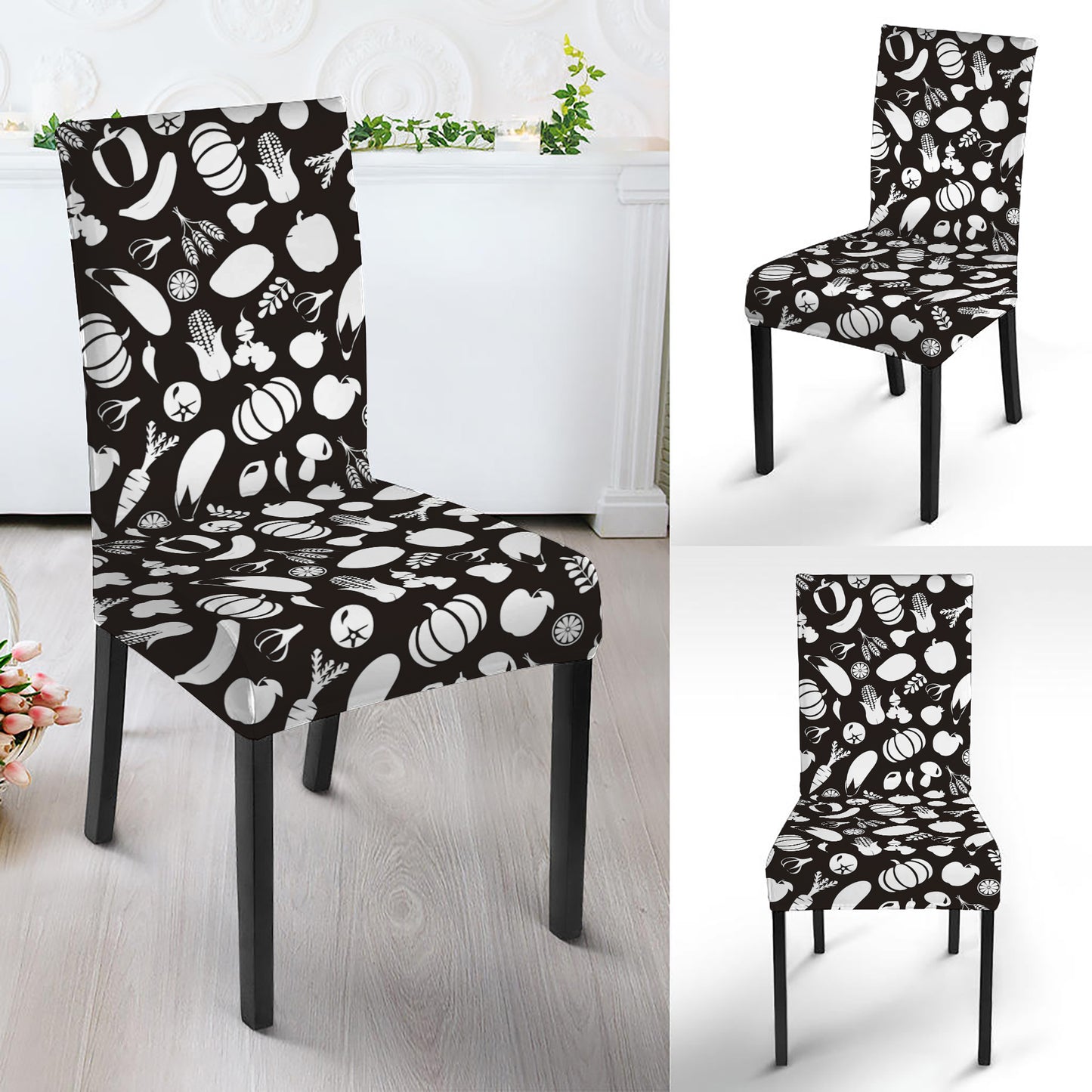 Blue And White Vegan Pattern Print Dining Chair Slipcover