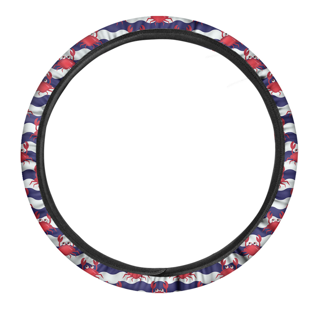 Blue And White Wave Crab Pattern Print Car Steering Wheel Cover