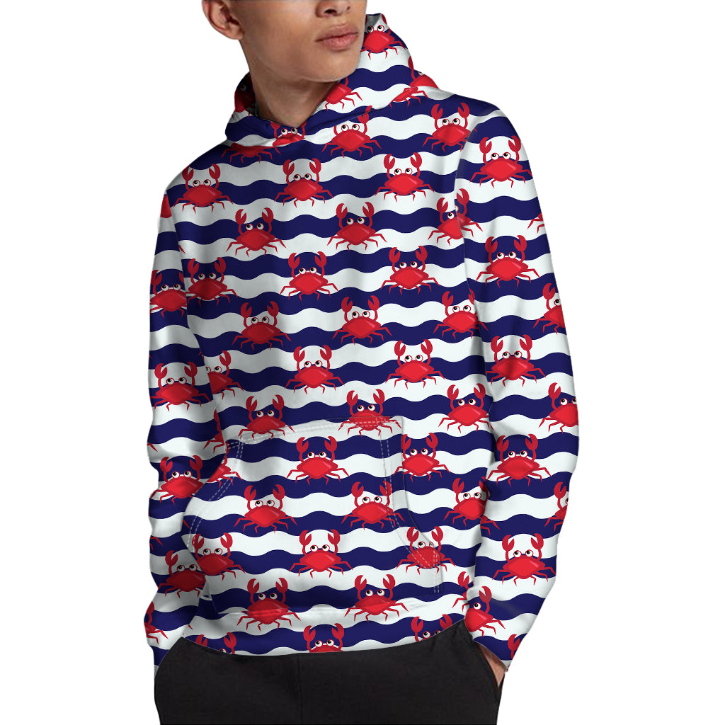 Blue And White Wave Crab Pattern Print Pullover Hoodie