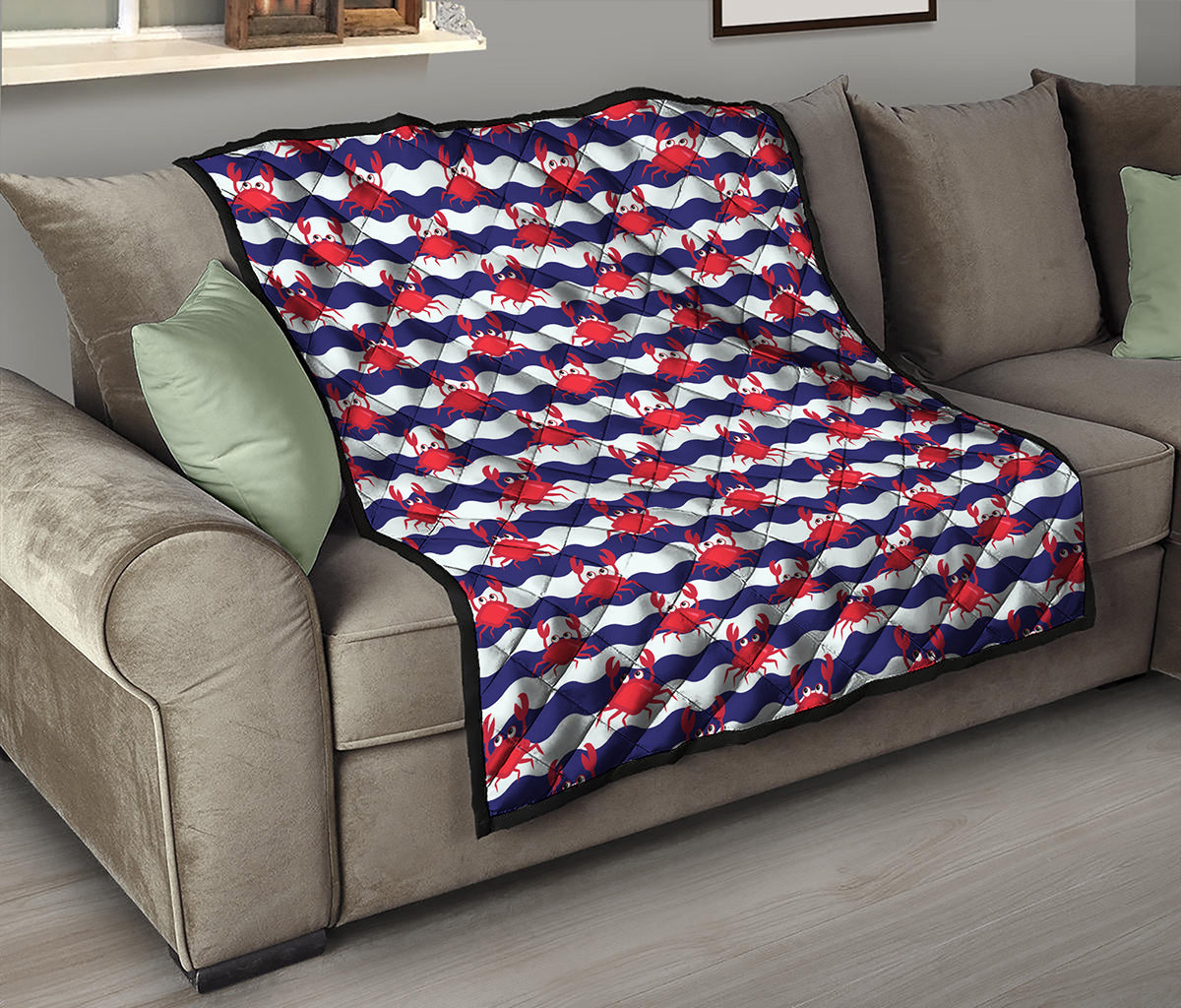 Blue And White Wave Crab Pattern Print Quilt