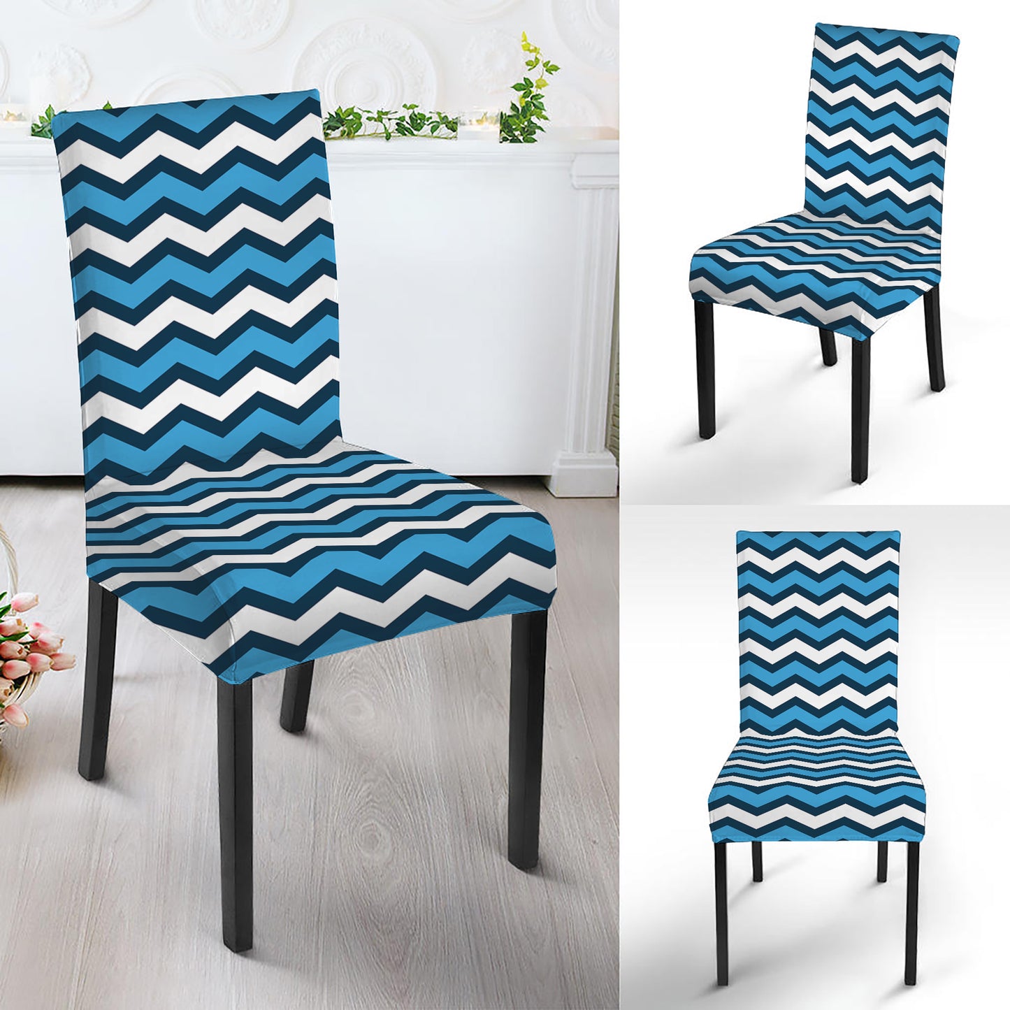 Blue And White Zigzag Pattern Print Dining Chair Slipcover