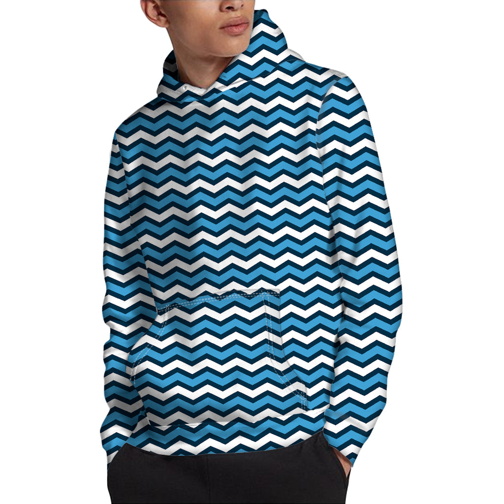 Blue And White Zigzag Pattern Print Pullover Hoodie