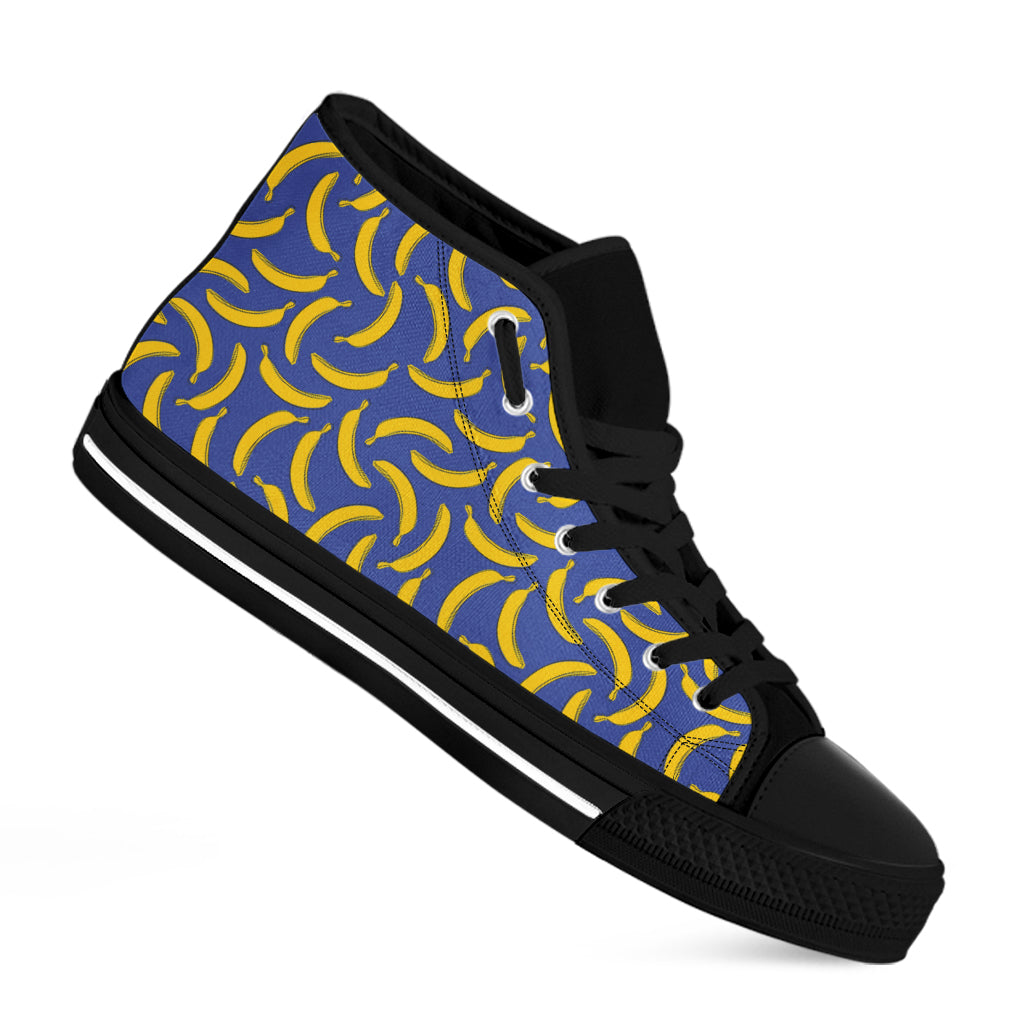 Blue And Yellow Banana Pattern Print Black High Top Shoes