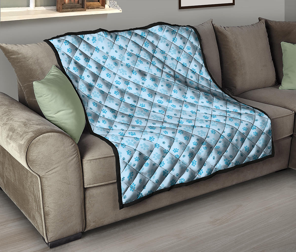 Blue Animal Paw Pattern Print Quilt