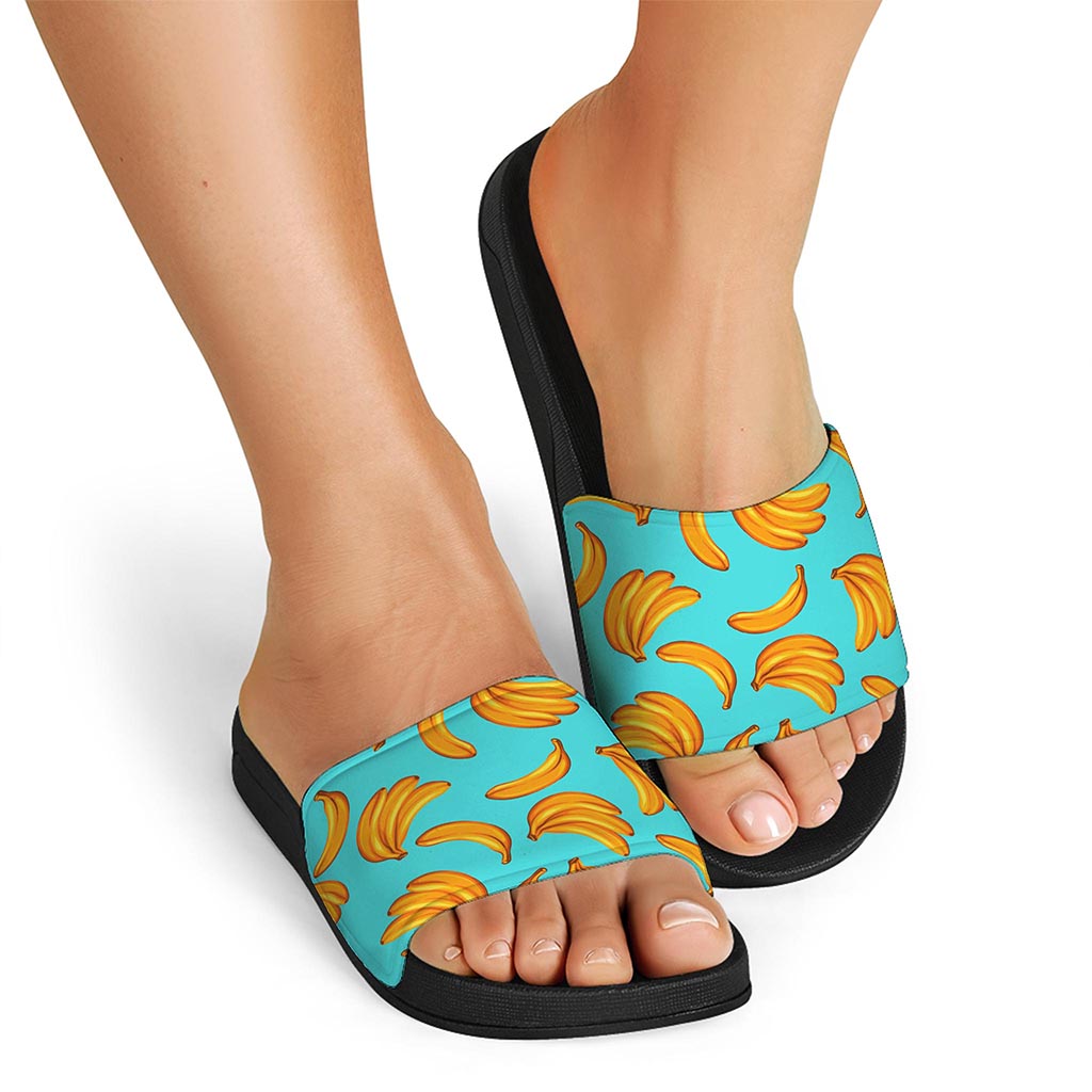 Blue Banana Pattern Print Black Slide Sandals
