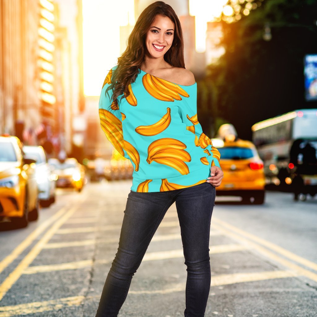 Blue Banana Pattern Print Off Shoulder Sweatshirt GearFrost