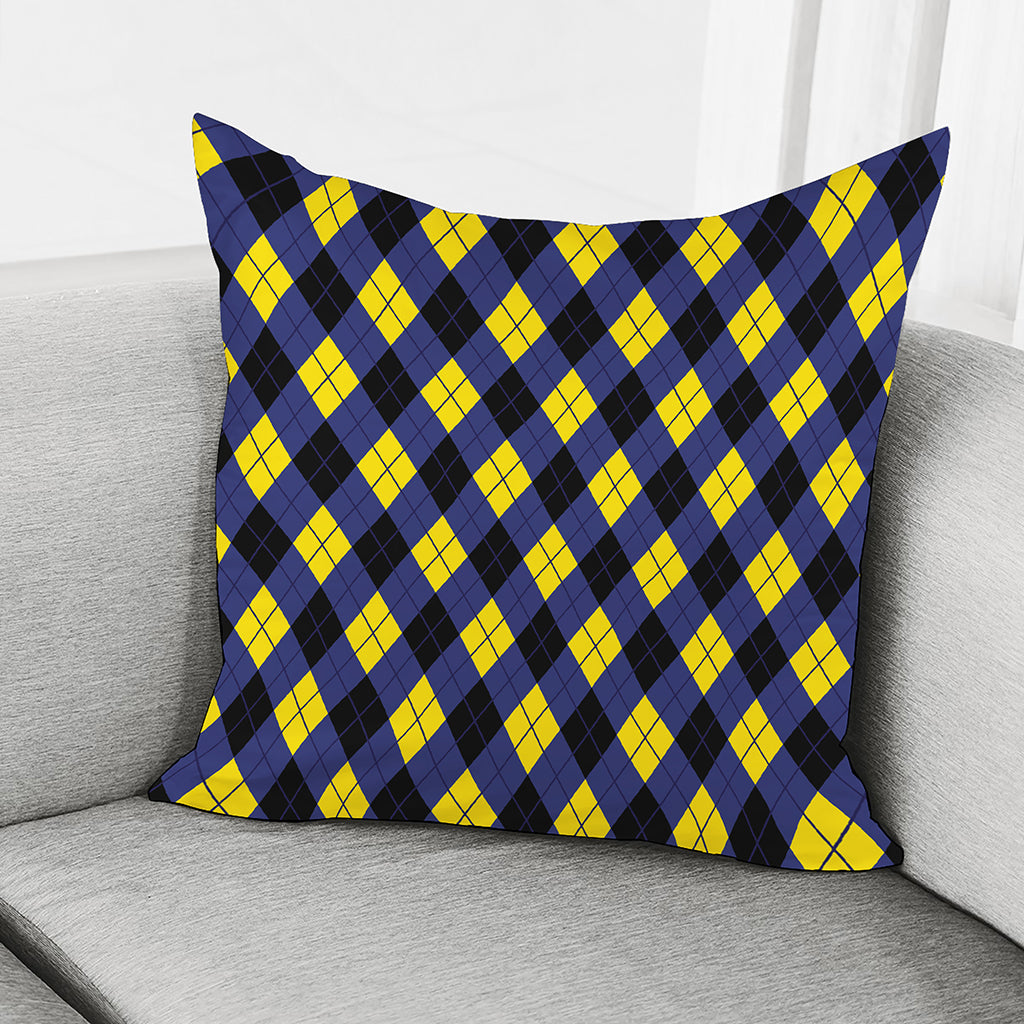 Blue Black And Yellow Argyle Print Pillow Cover