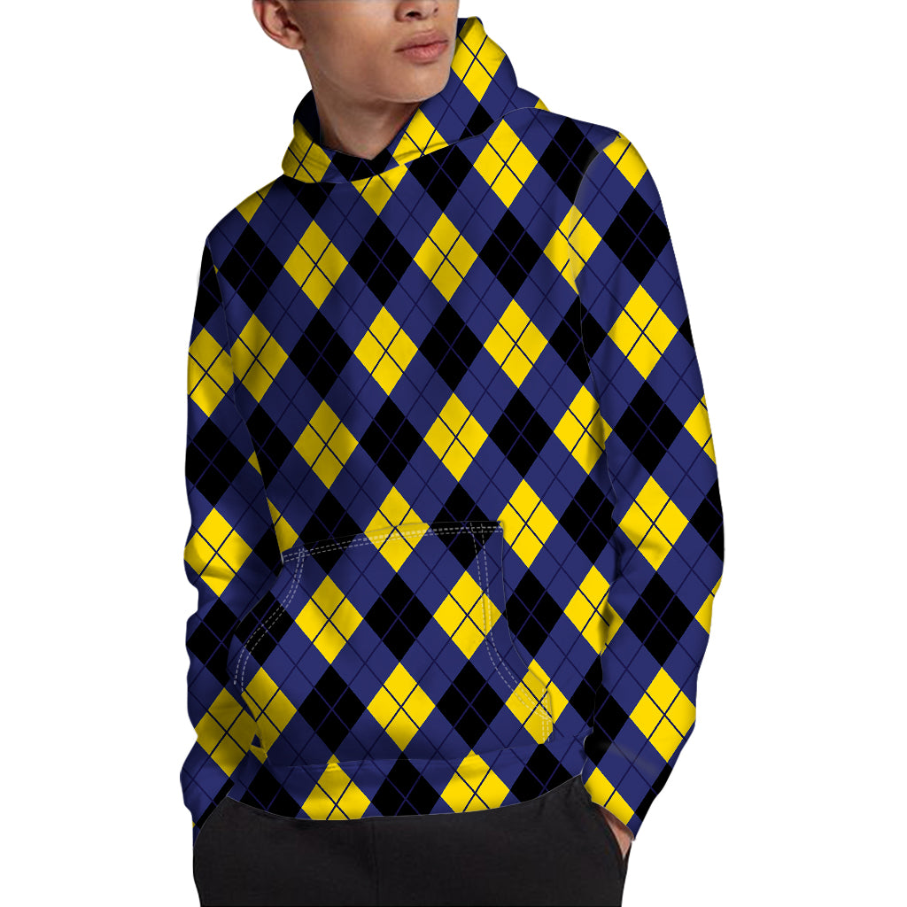 Blue Black And Yellow Argyle Print Pullover Hoodie