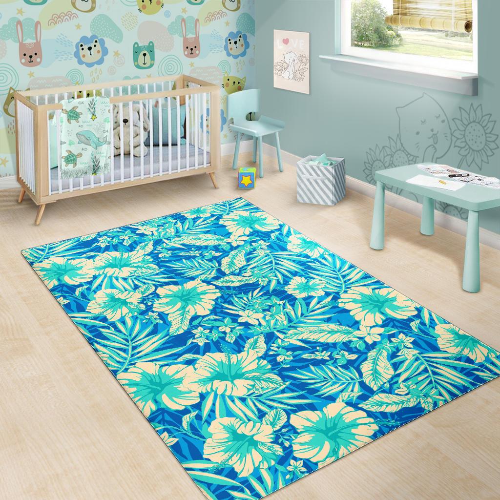 Blue Blossom Tropical Pattern Print Area Rug GearFrost