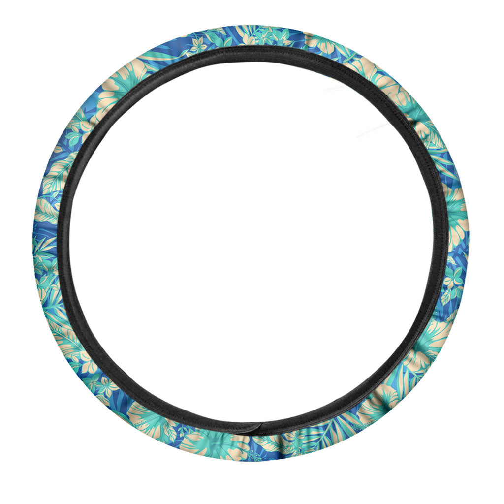 Blue Blossom Tropical Pattern Print Car Steering Wheel Cover