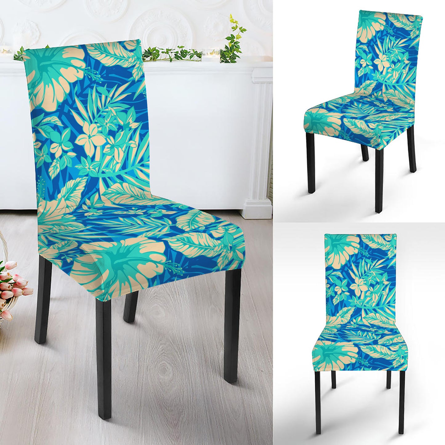 Blue Blossom Tropical Pattern Print Dining Chair Slipcover