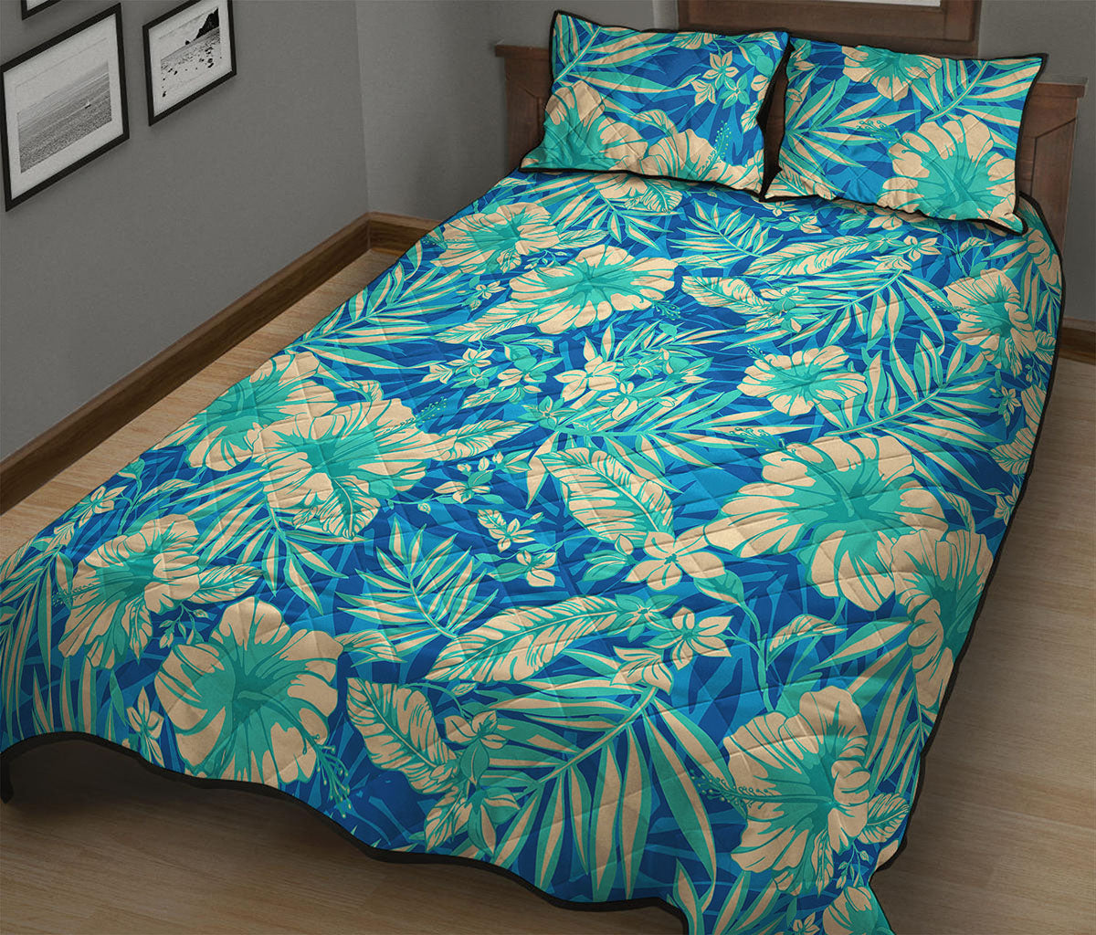 Blue Blossom Tropical Pattern Print Quilt Bed Set