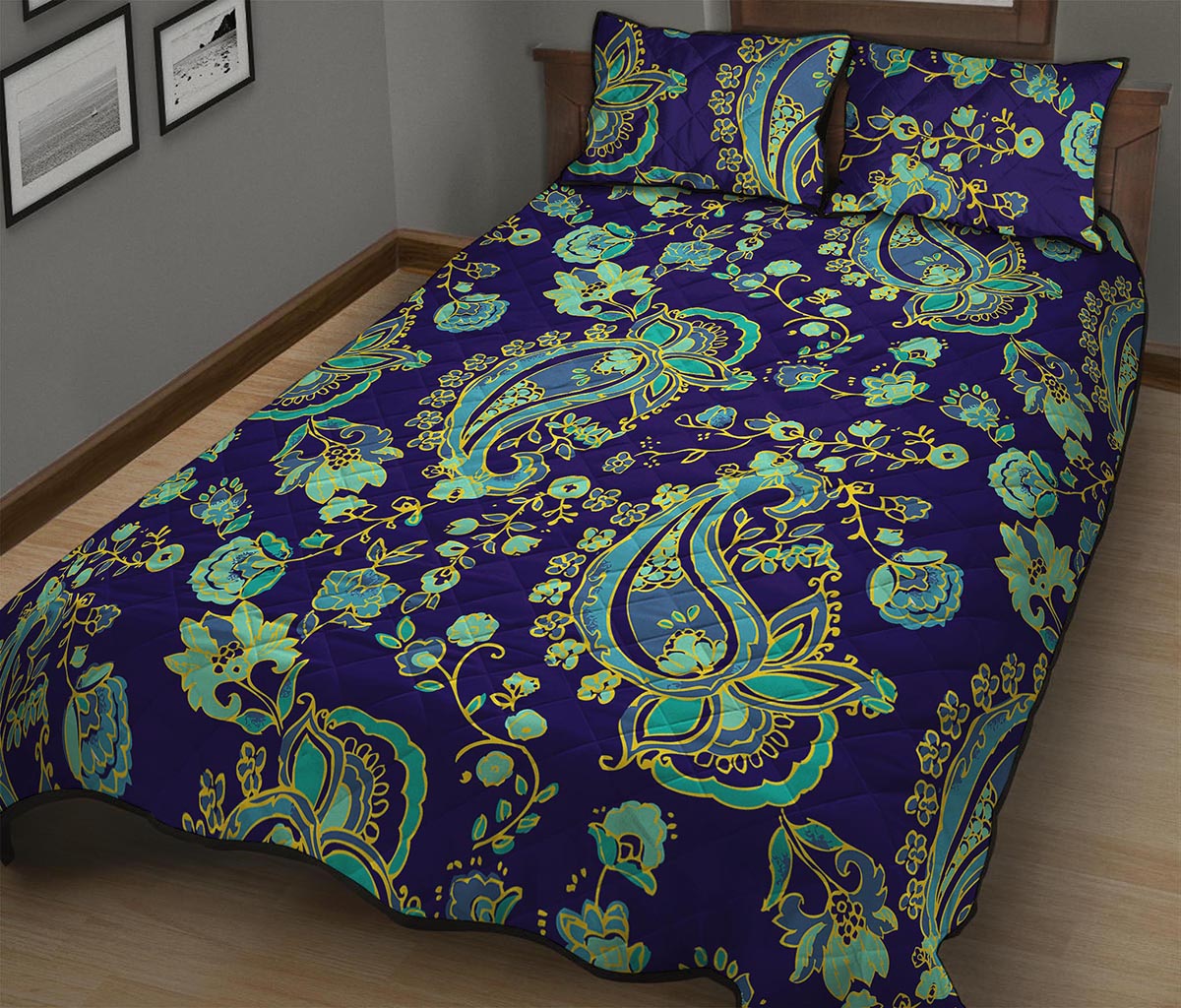 Blue Bohemian Paisley Pattern Print Quilt Bed Set