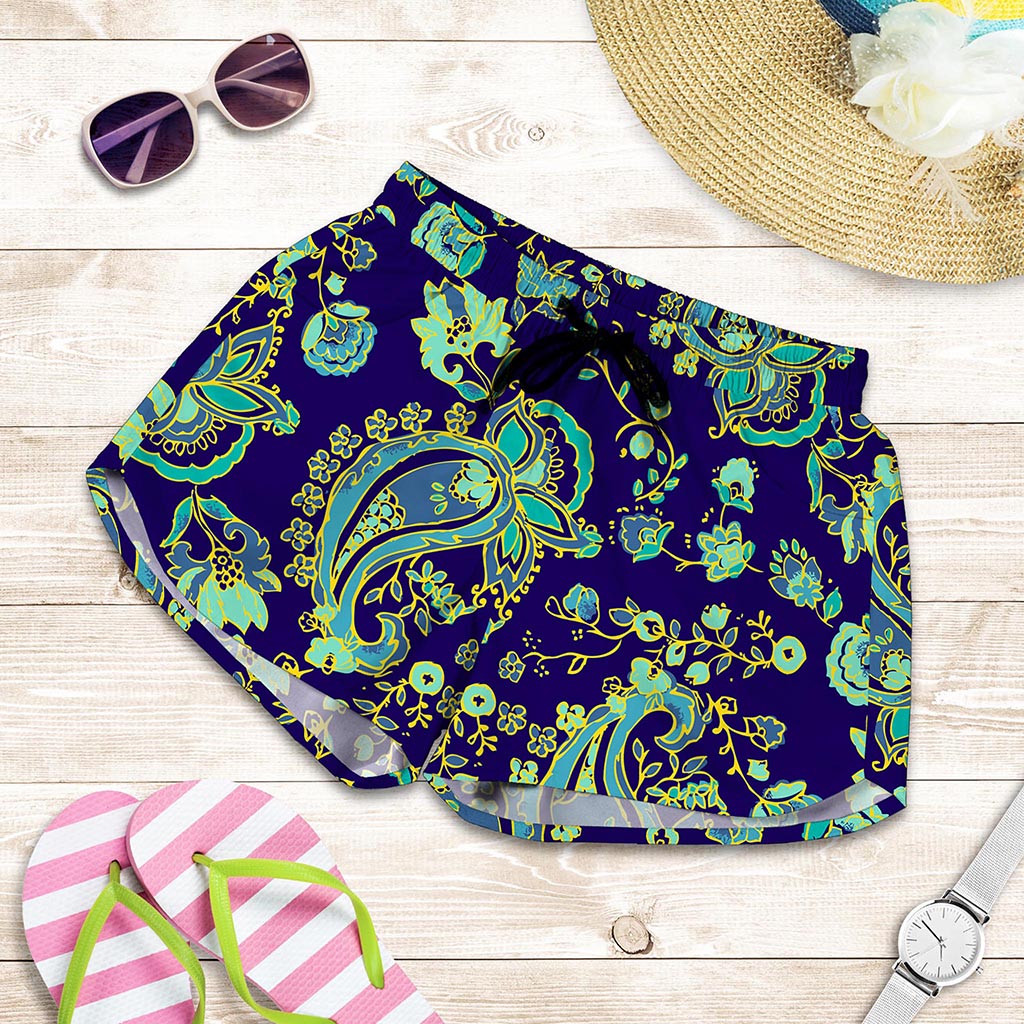 Blue Bohemian Paisley Pattern Print Women's Shorts