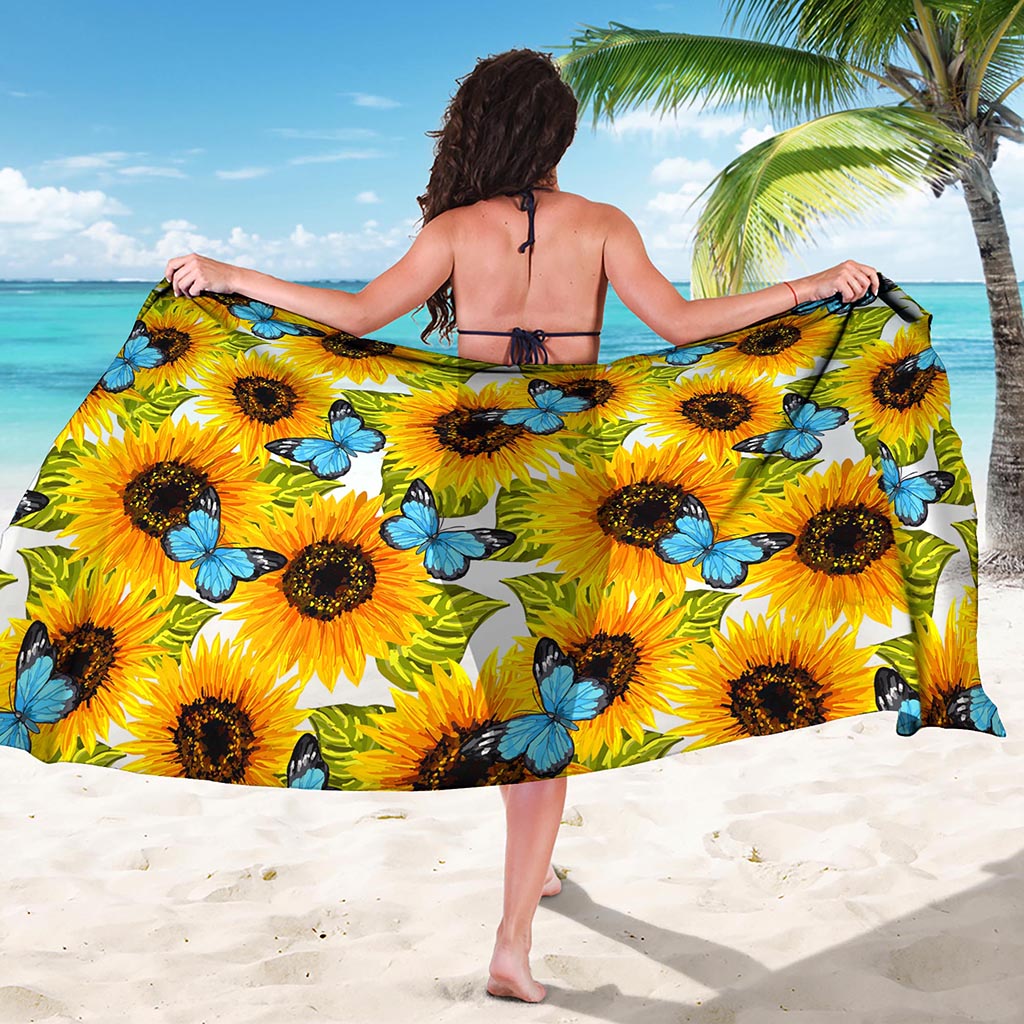 Blue Butterfly Sunflower Pattern Print Beach Sarong Wrap