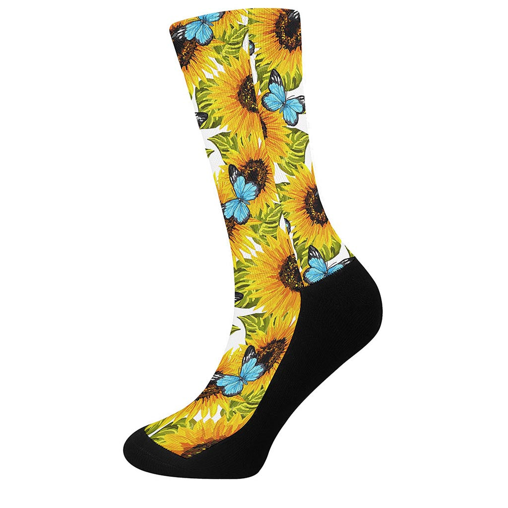 Blue Butterfly Sunflower Pattern Print Crew Socks