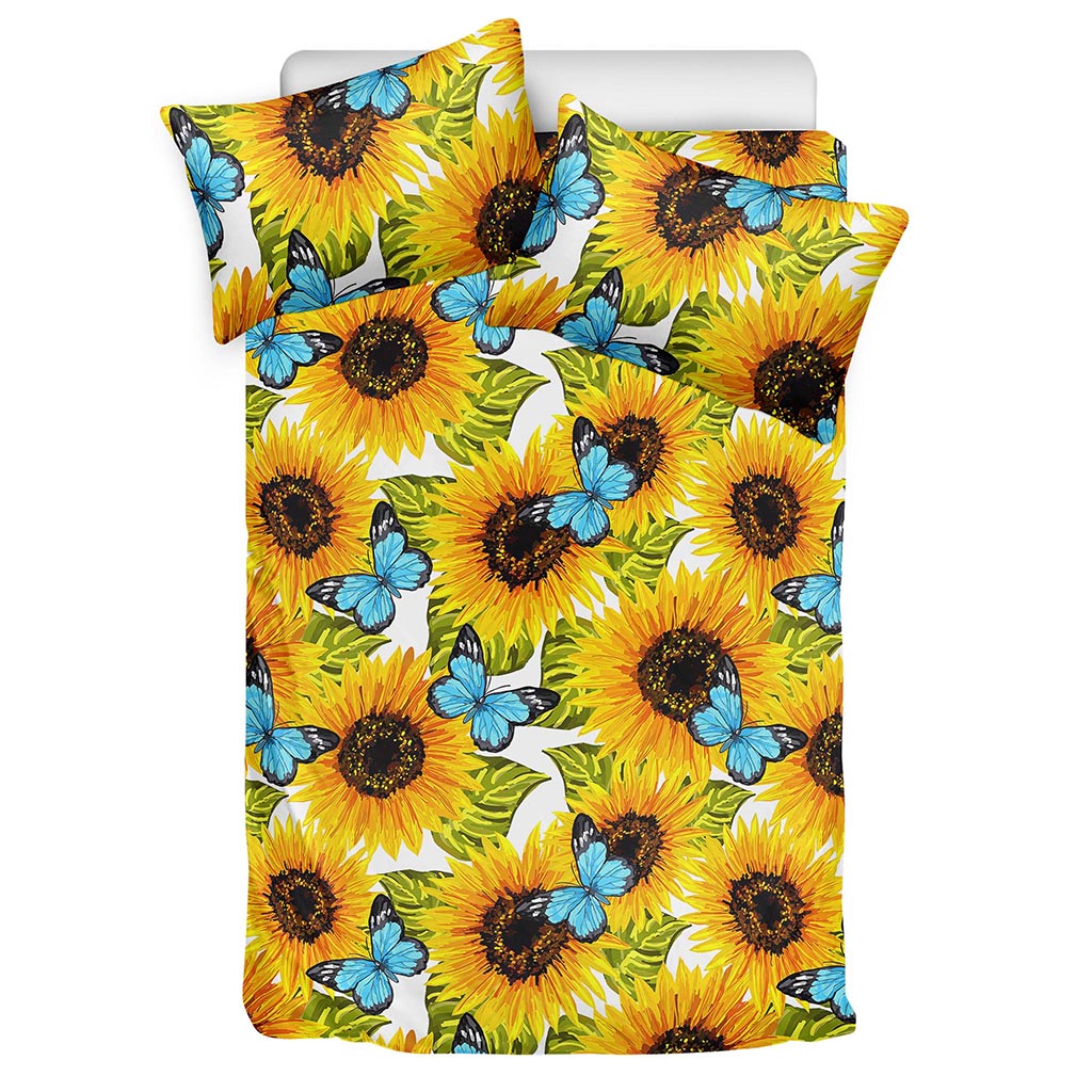 Blue Butterfly Sunflower Pattern Print Duvet Cover Bedding Set