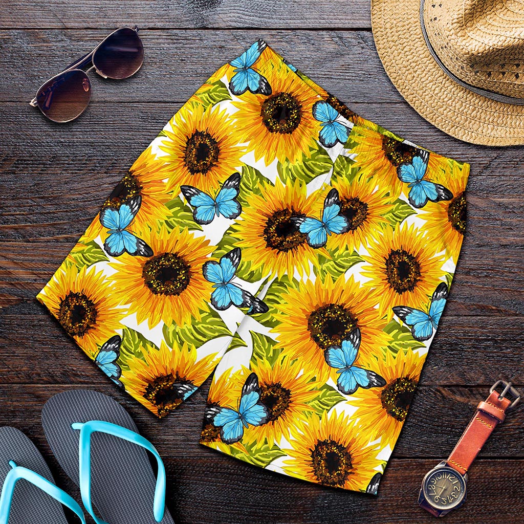 Blue Butterfly Sunflower Pattern Print Men's Shorts