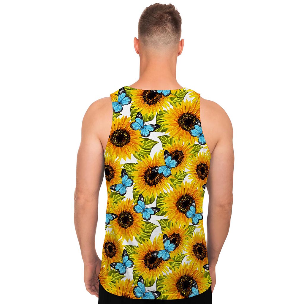 Blue Butterfly Sunflower Pattern Print Men's Tank Top