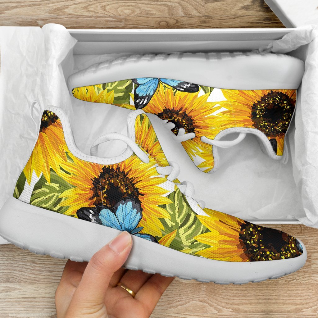 Blue Butterfly Sunflower Pattern Print Mesh Knit Shoes GearFrost