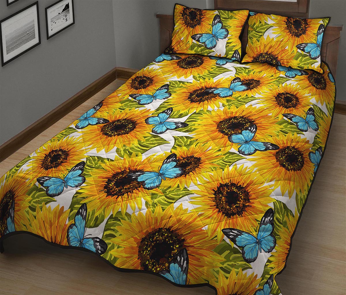 Blue Butterfly Sunflower Pattern Print Quilt Bed Set