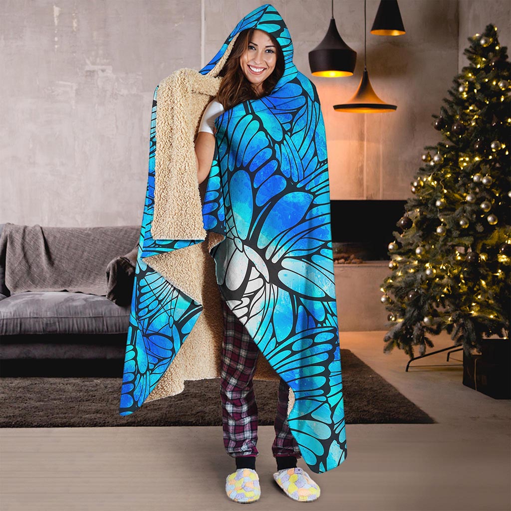 Blue Butterfly Wings Pattern Print Hooded Blanket
