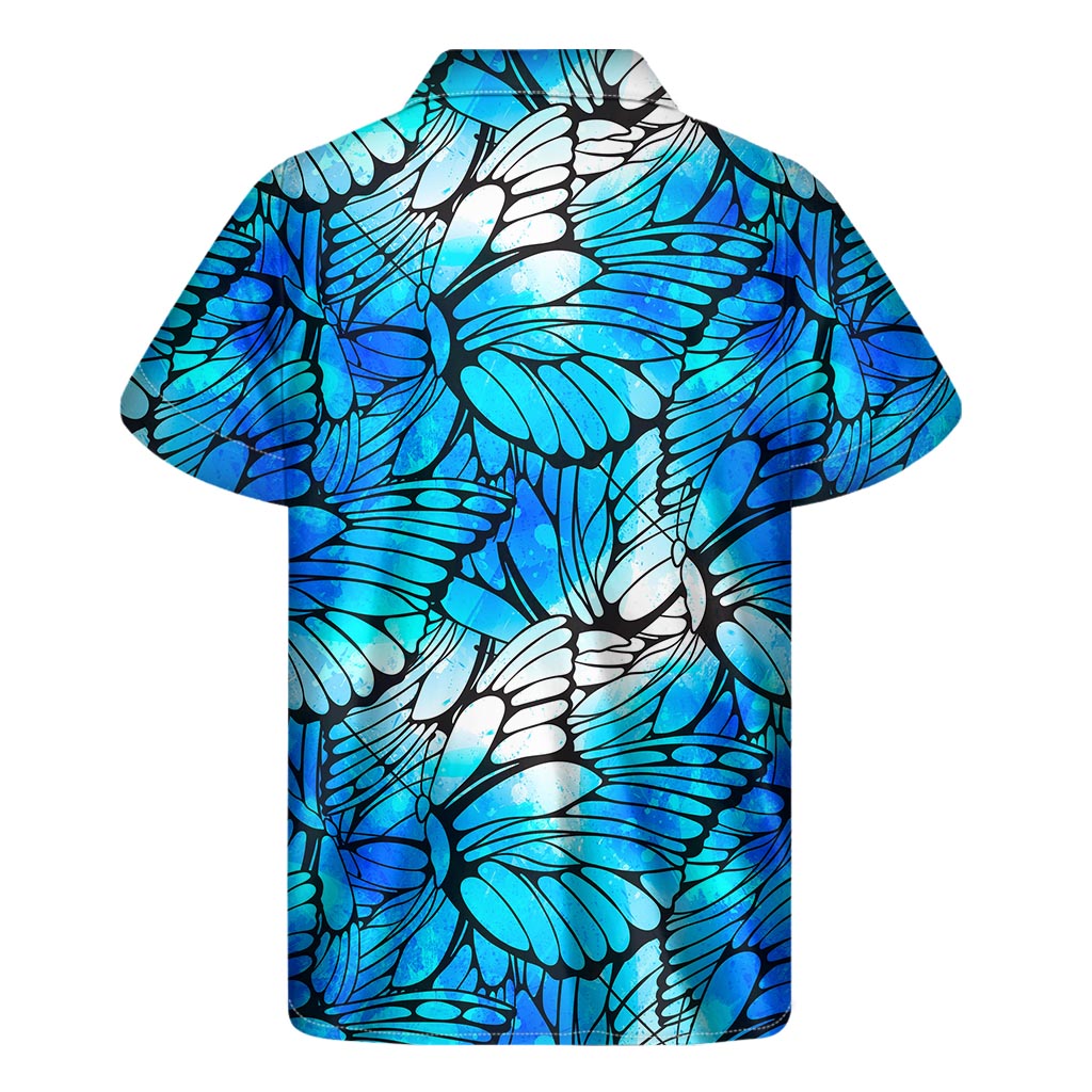 Blue Butterfly Wings Pattern Print Men's Short Sleeve Shirt