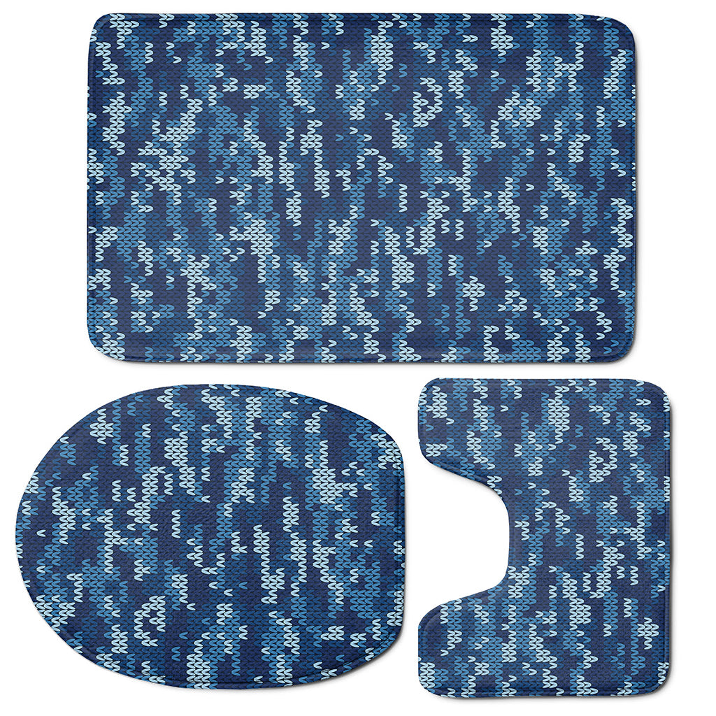 Blue Camouflage Knitted Pattern Print 3 Piece Bath Mat Set