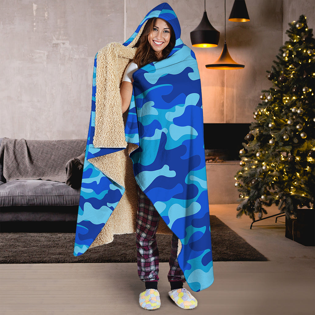 Blue Camouflage Print Hooded Blanket