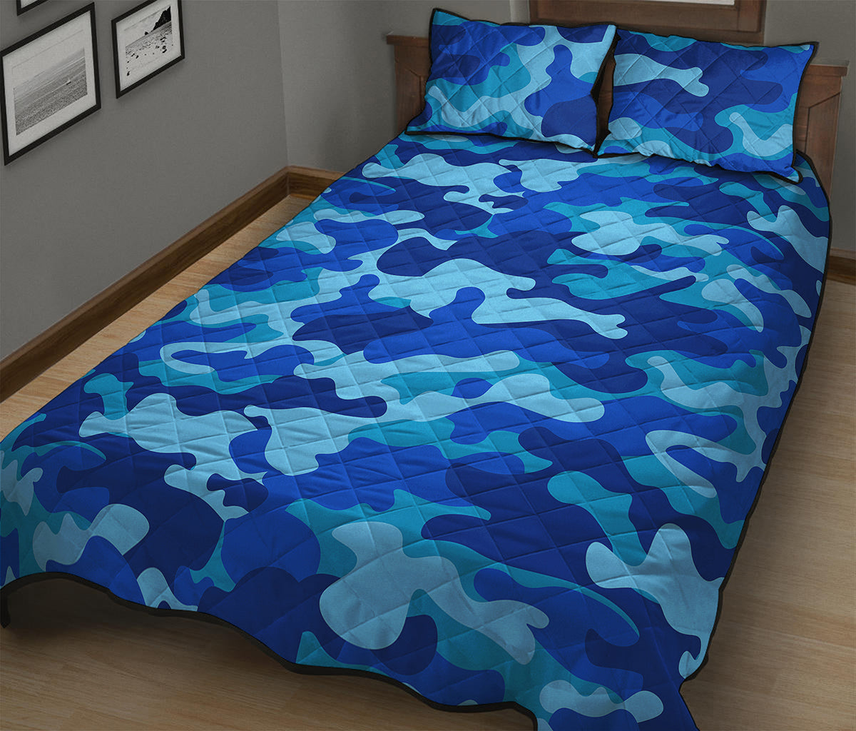 Blue Camouflage Print Quilt Bed Set