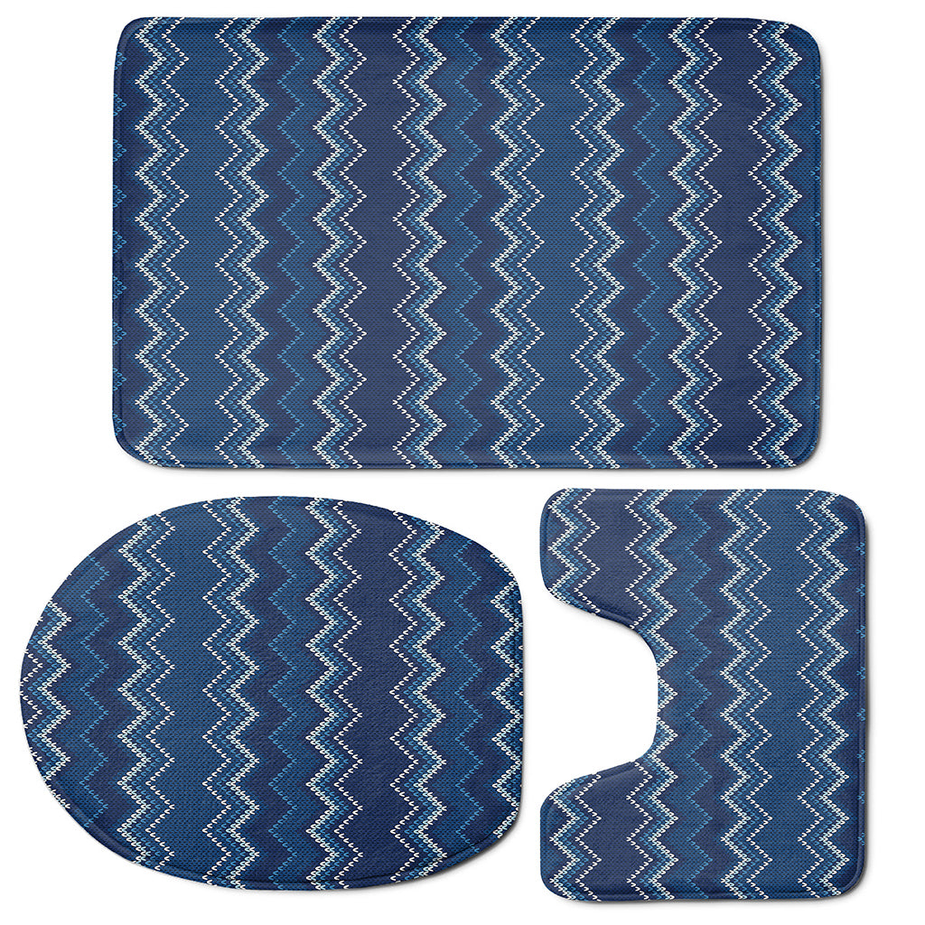 Blue Chevron Knitted Pattern Print 3 Piece Bath Mat Set