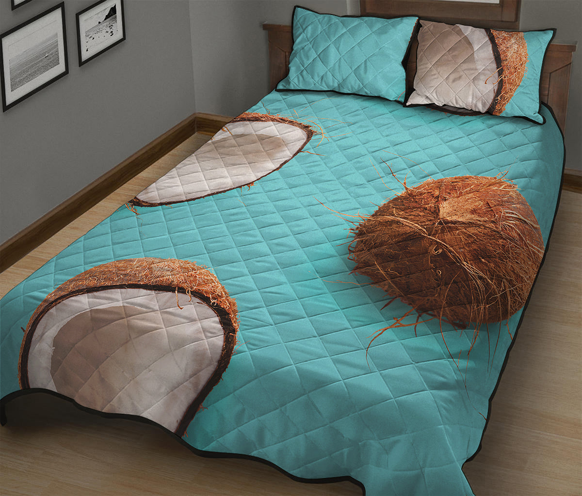Blue Coconut Pattern Print Quilt Bed Set