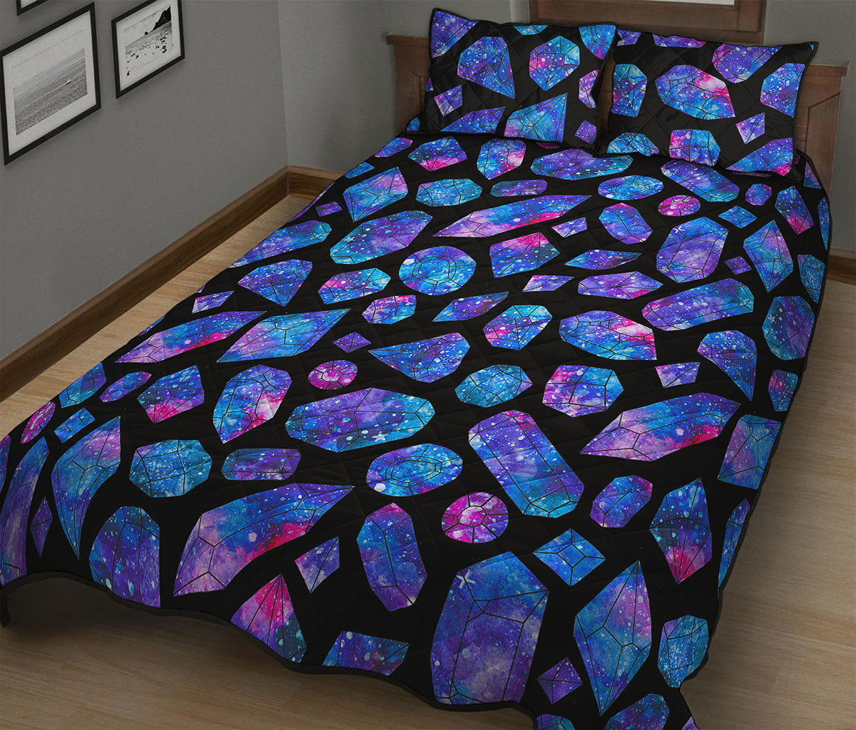 Blue Crystal Cosmic Galaxy Space Print Quilt Bed Set