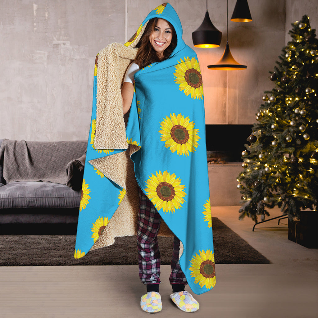 Blue Cute Sunflower Pattern Print Hooded Blanket