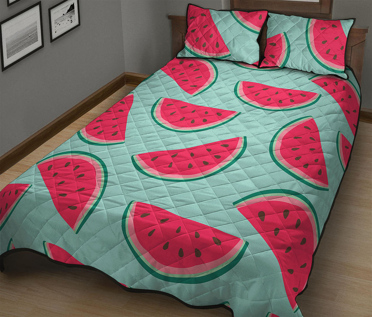 Blue Cute Watermelon Pattern Print Quilt Bed Set
