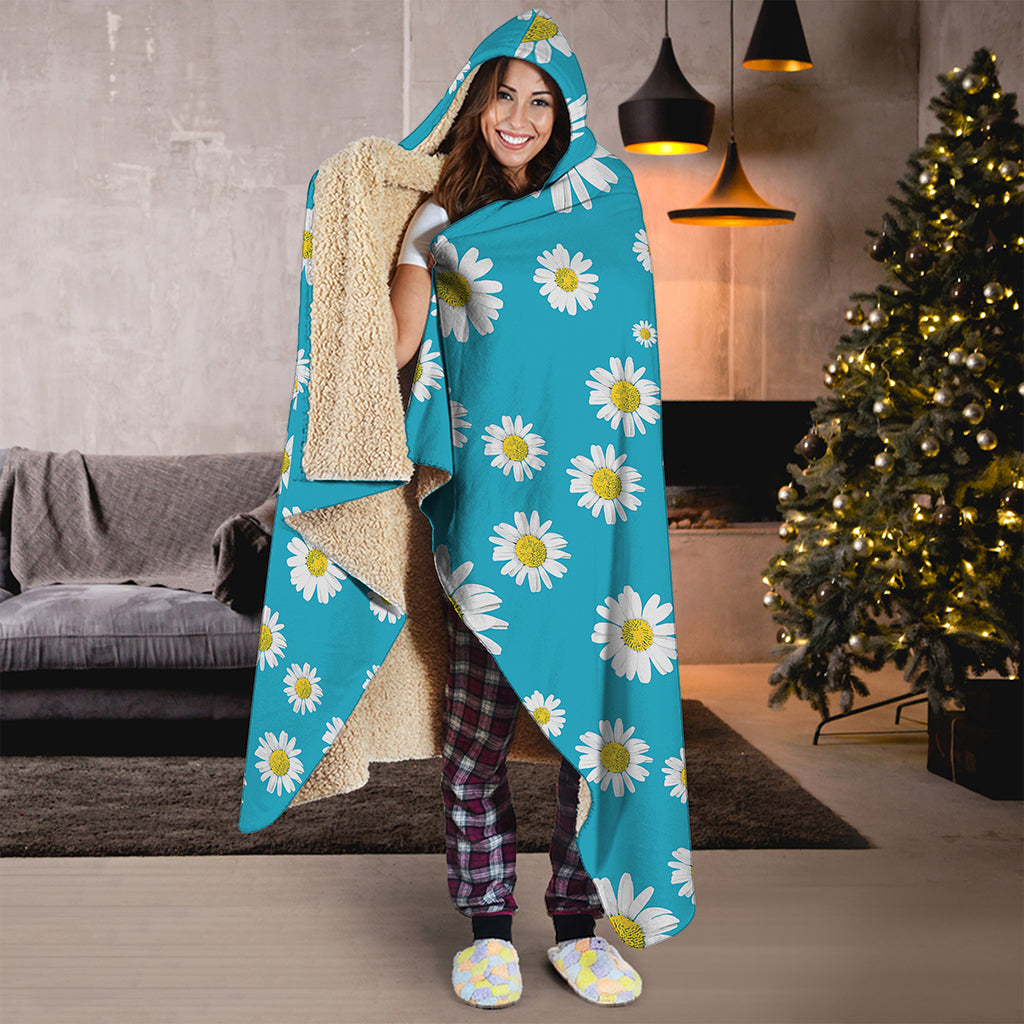 Blue Daisy Flower Pattern Print Hooded Blanket