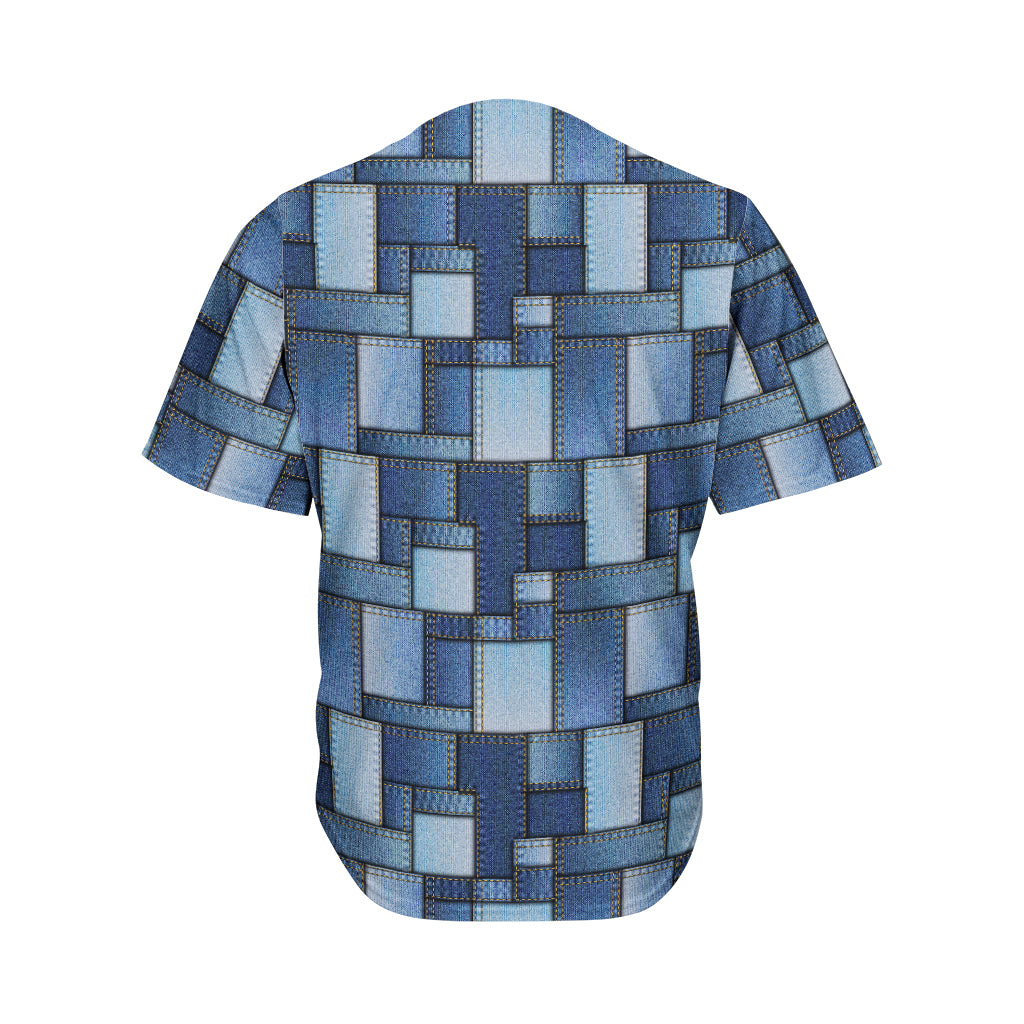 Blue Denim Patchwork Pattern Print Men's Baseball Jersey