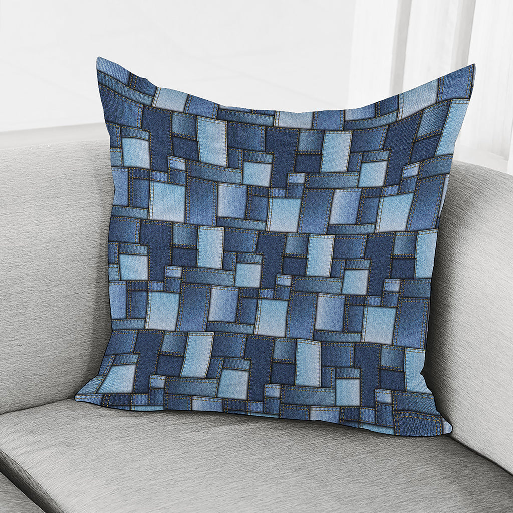 Blue Denim Patchwork Pattern Print Pillow Cover