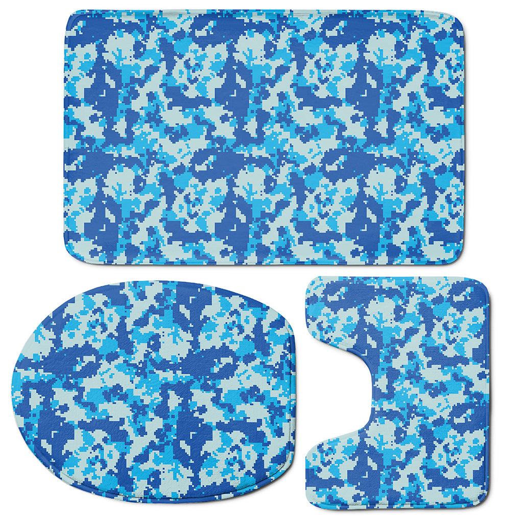 Blue Digital Camo Pattern Print 3 Piece Bath Mat Set