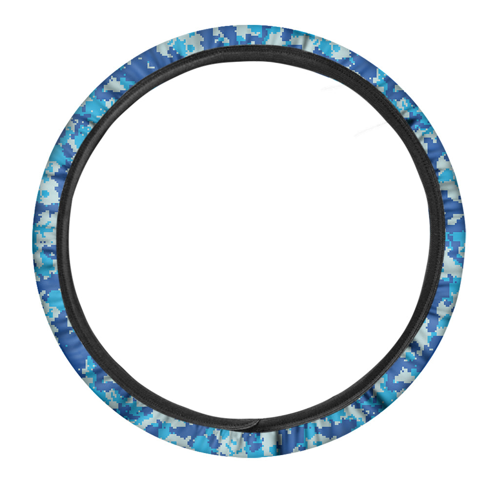Blue Digital Camo Pattern Print Car Steering Wheel Cover