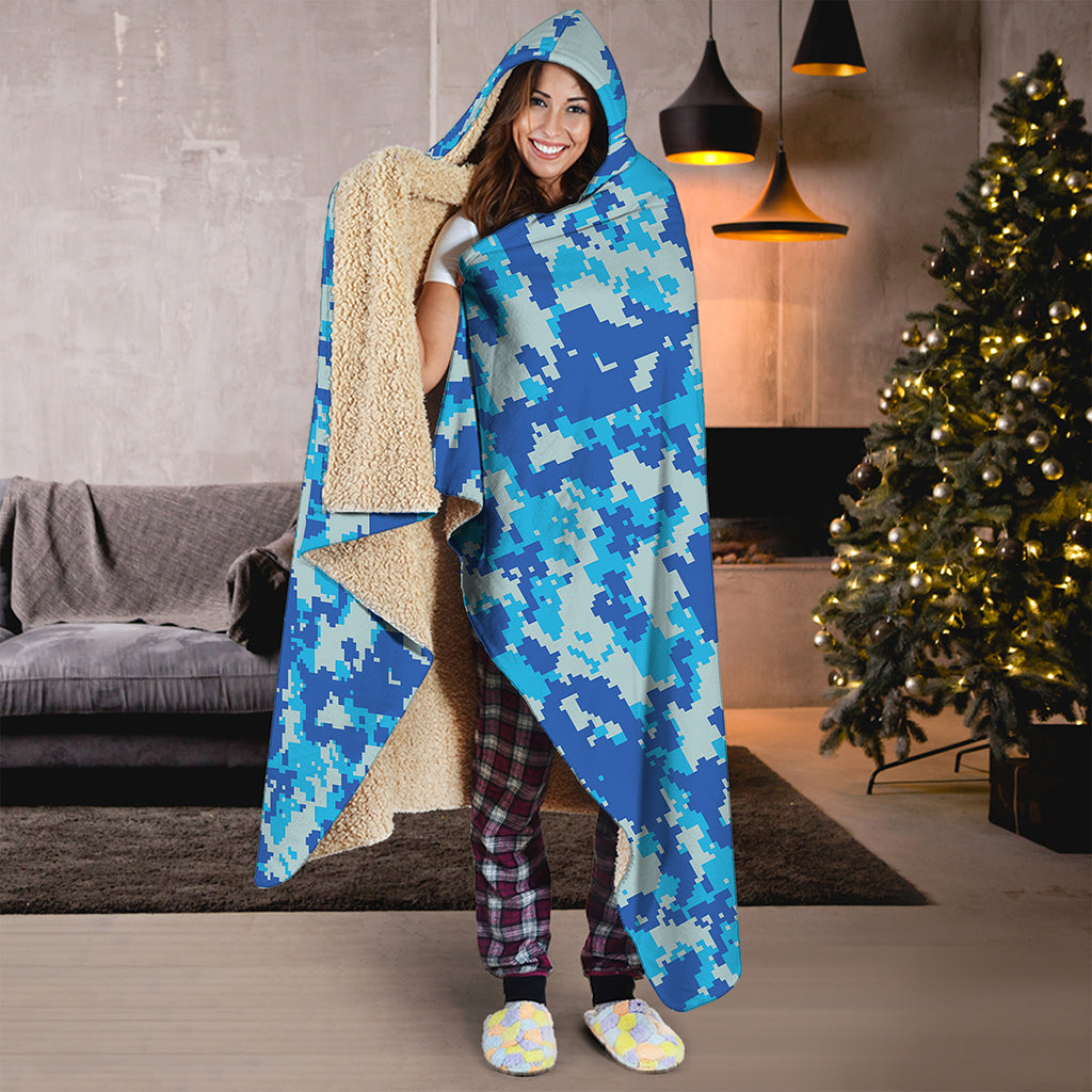 Blue Digital Camo Pattern Print Hooded Blanket