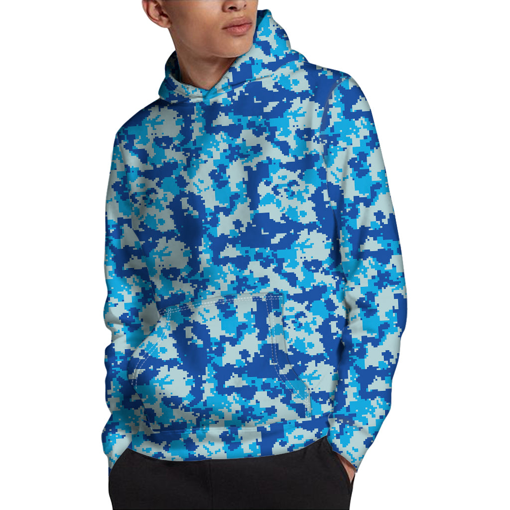 Blue Digital Camo Pattern Print Pullover Hoodie