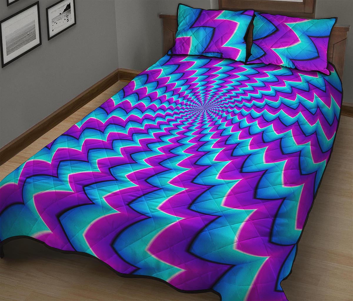 Blue Dizzy Moving Optical Illusion Quilt Bed Set