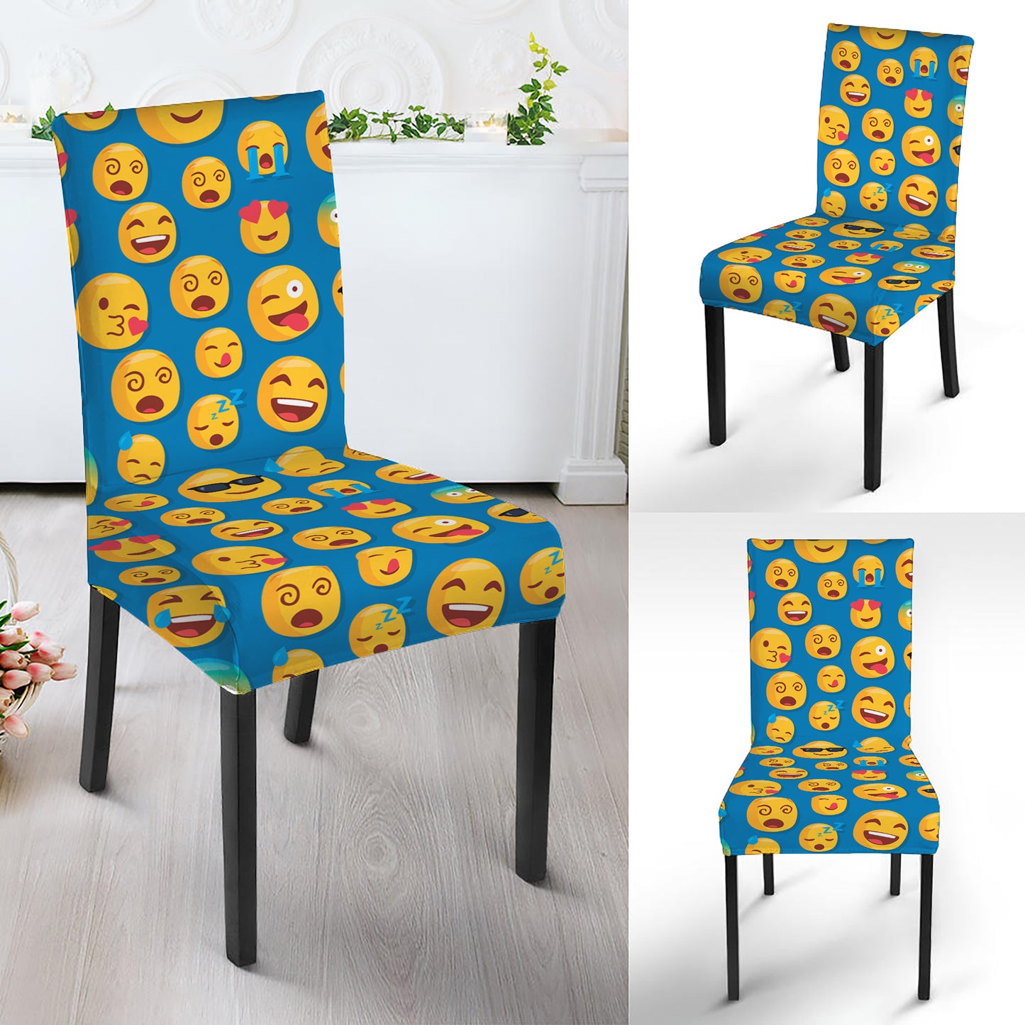 Blue Emoji Pattern Print Dining Chair Slipcover