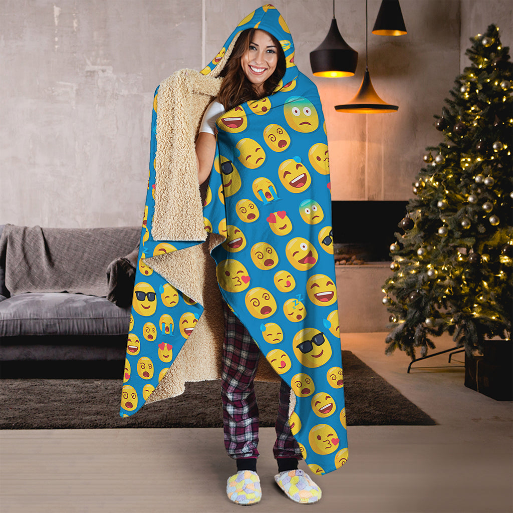 Blue Emoji Pattern Print Hooded Blanket