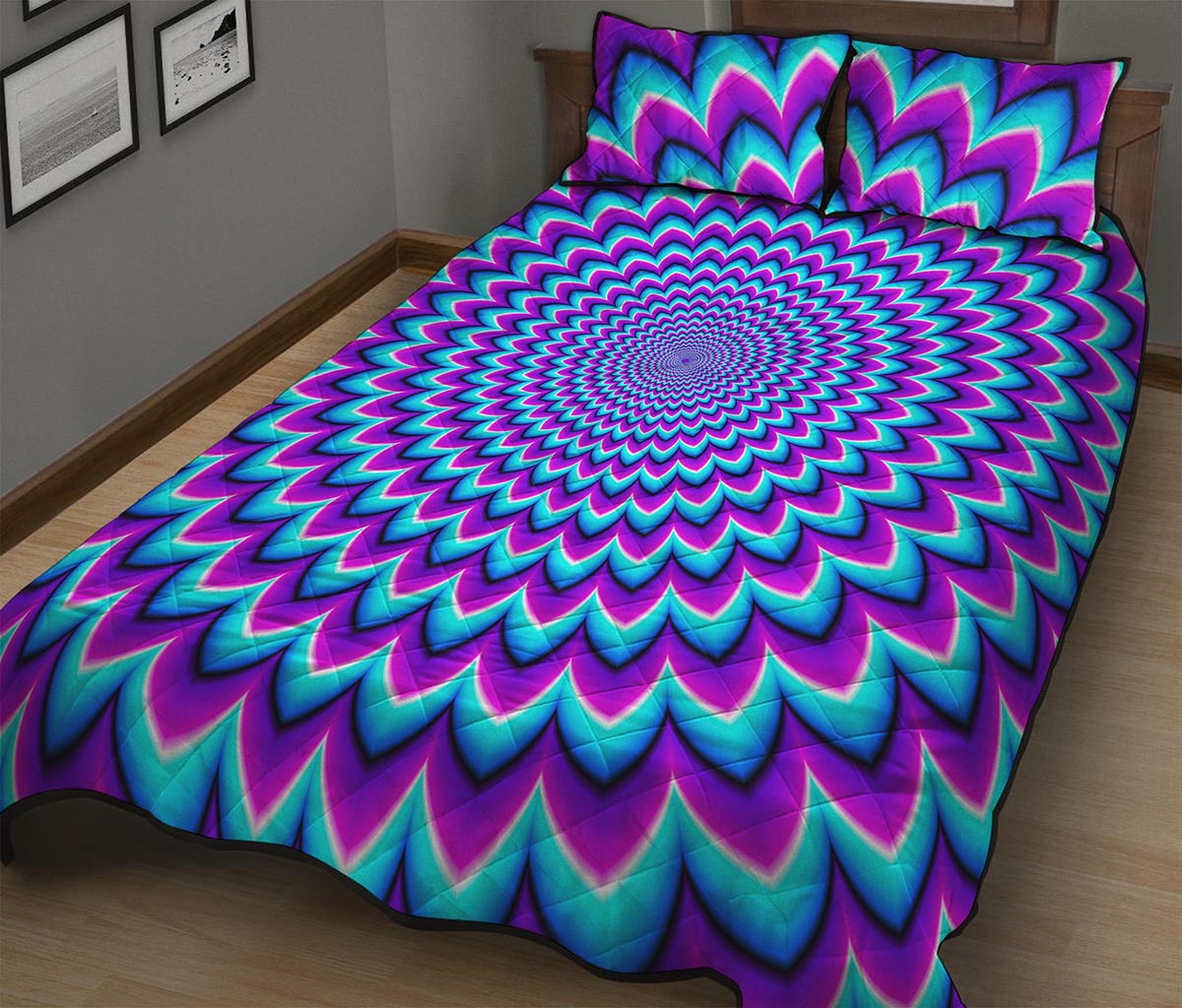 Blue Expansion Moving Optical Illusion Quilt Bed Set