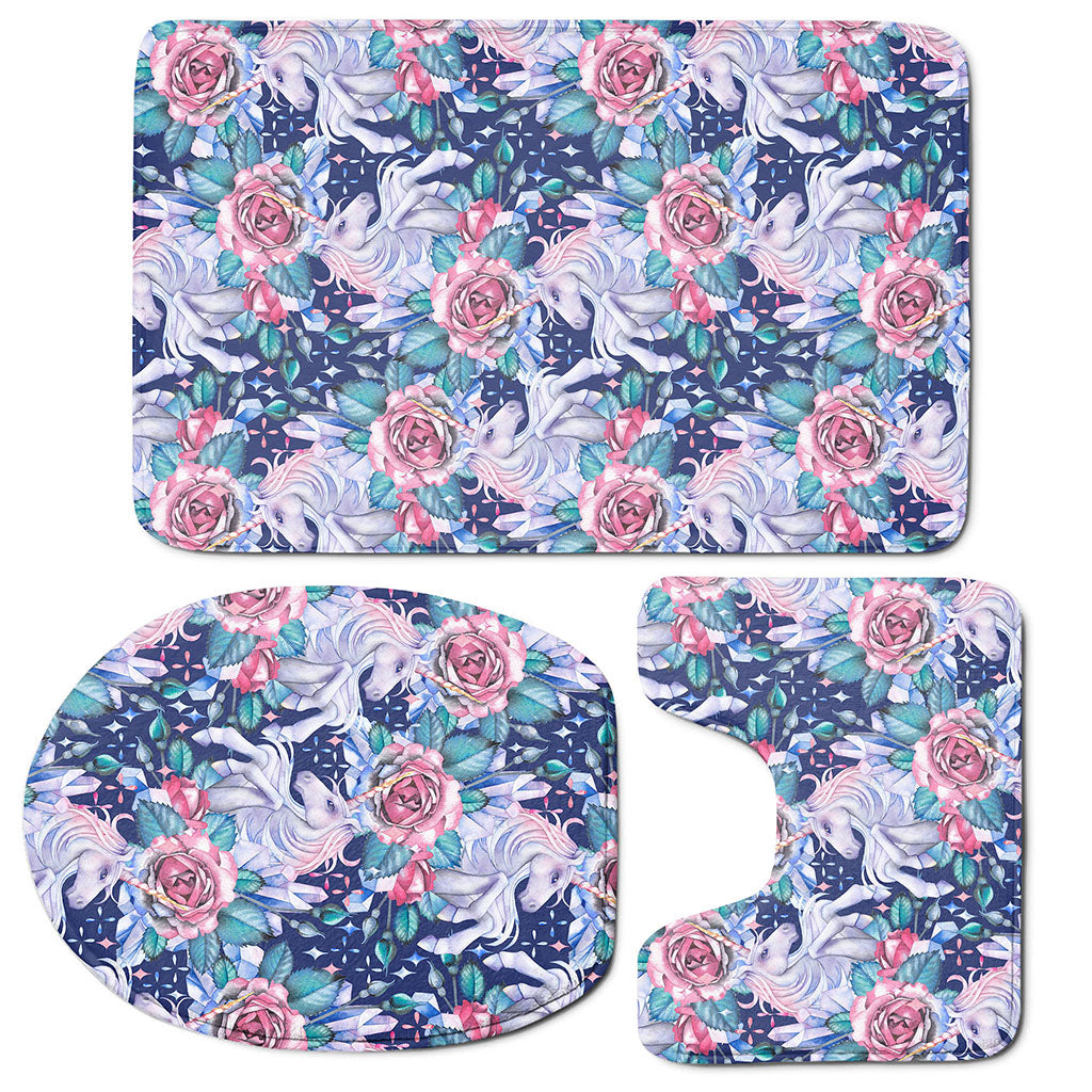 Blue Fairy Rose Unicorn Pattern Print 3 Piece Bath Mat Set