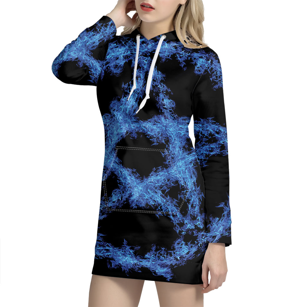 Blue Flame Pentagram Print Pullover Hoodie Dress