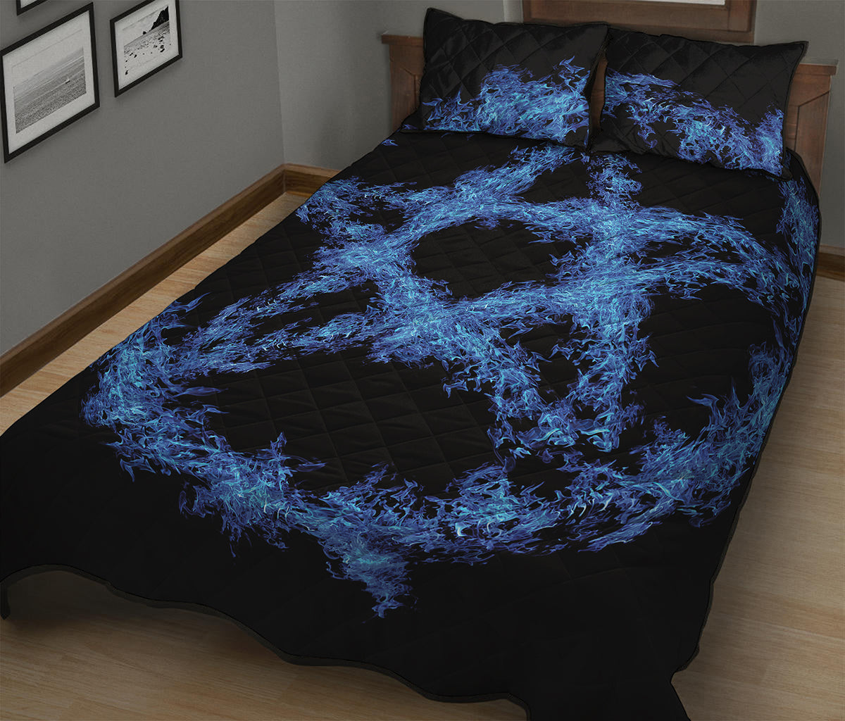 Blue Flame Pentagram Print Quilt Bed Set