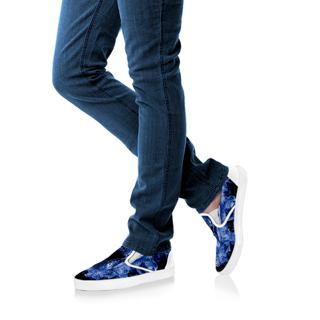 Blue Flaming Skull Print White Slip On Shoes